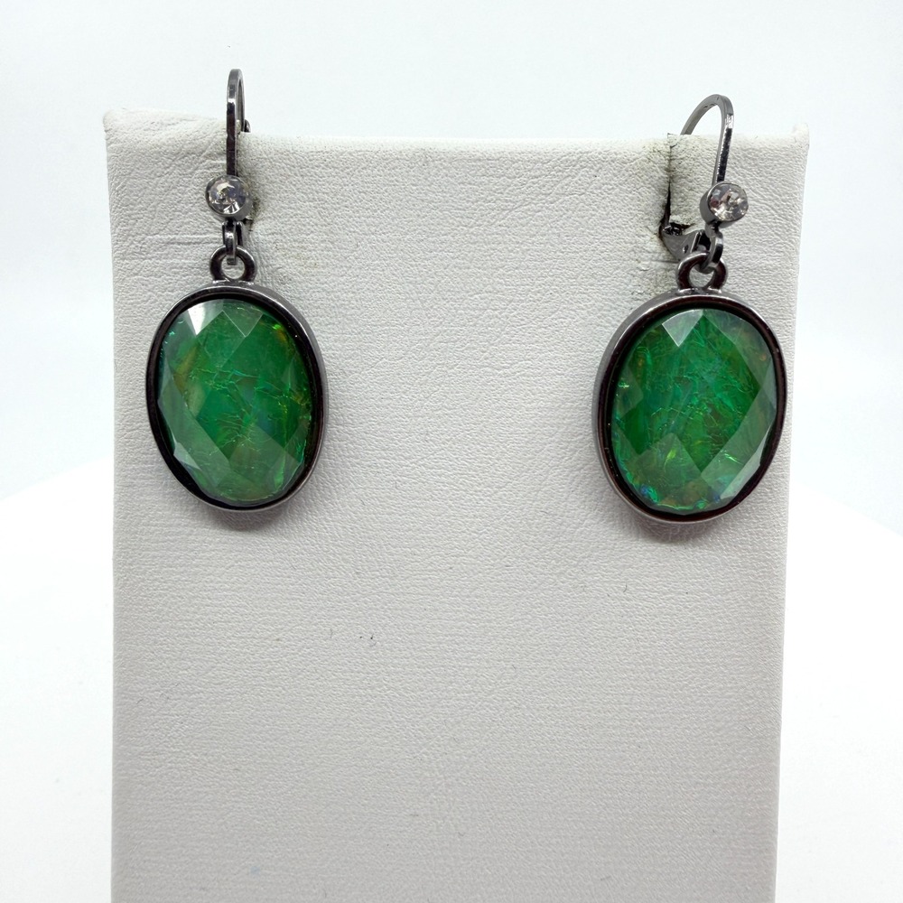 Y2K Dark Metal Green Crystal Dangle Earrings - Oval Statement Jewelry